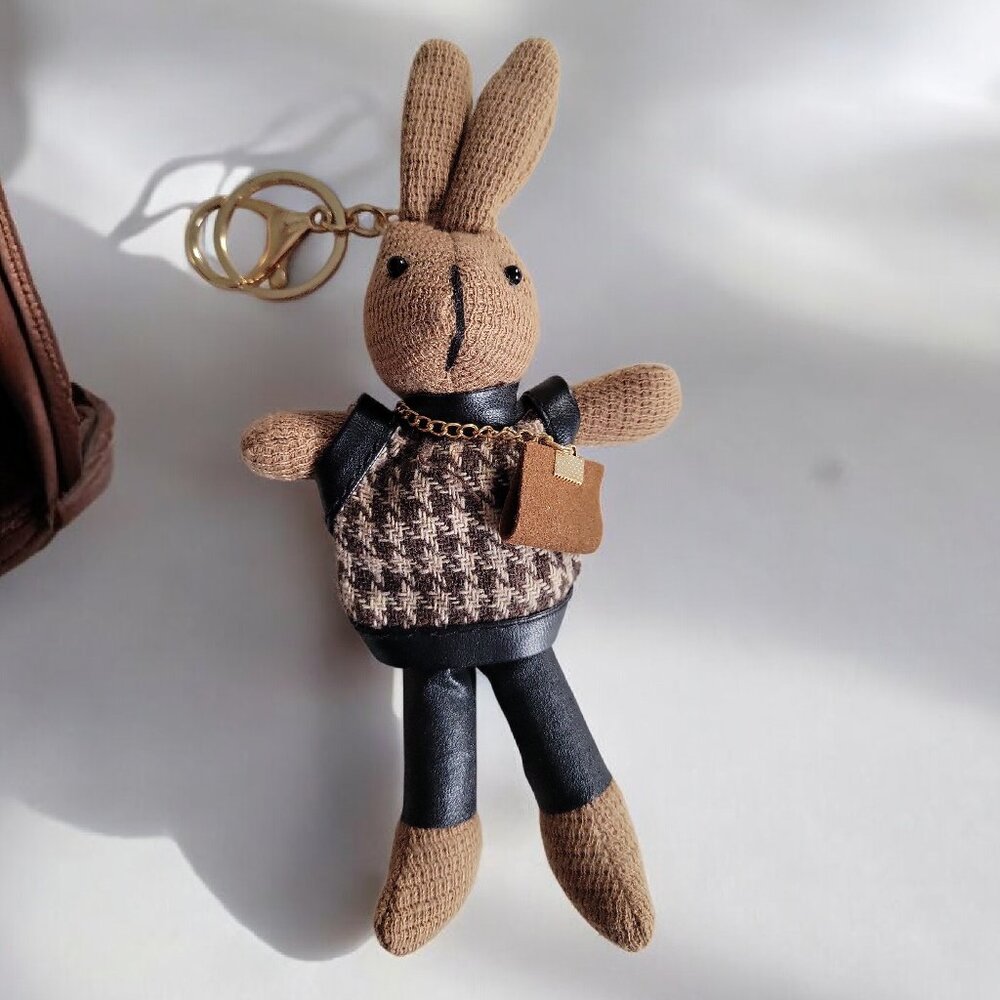 ❤️7" Bunny Hand Bag Charm Keychain Wearing Houndstooth Sweater & Purse - Picture 2 of 9